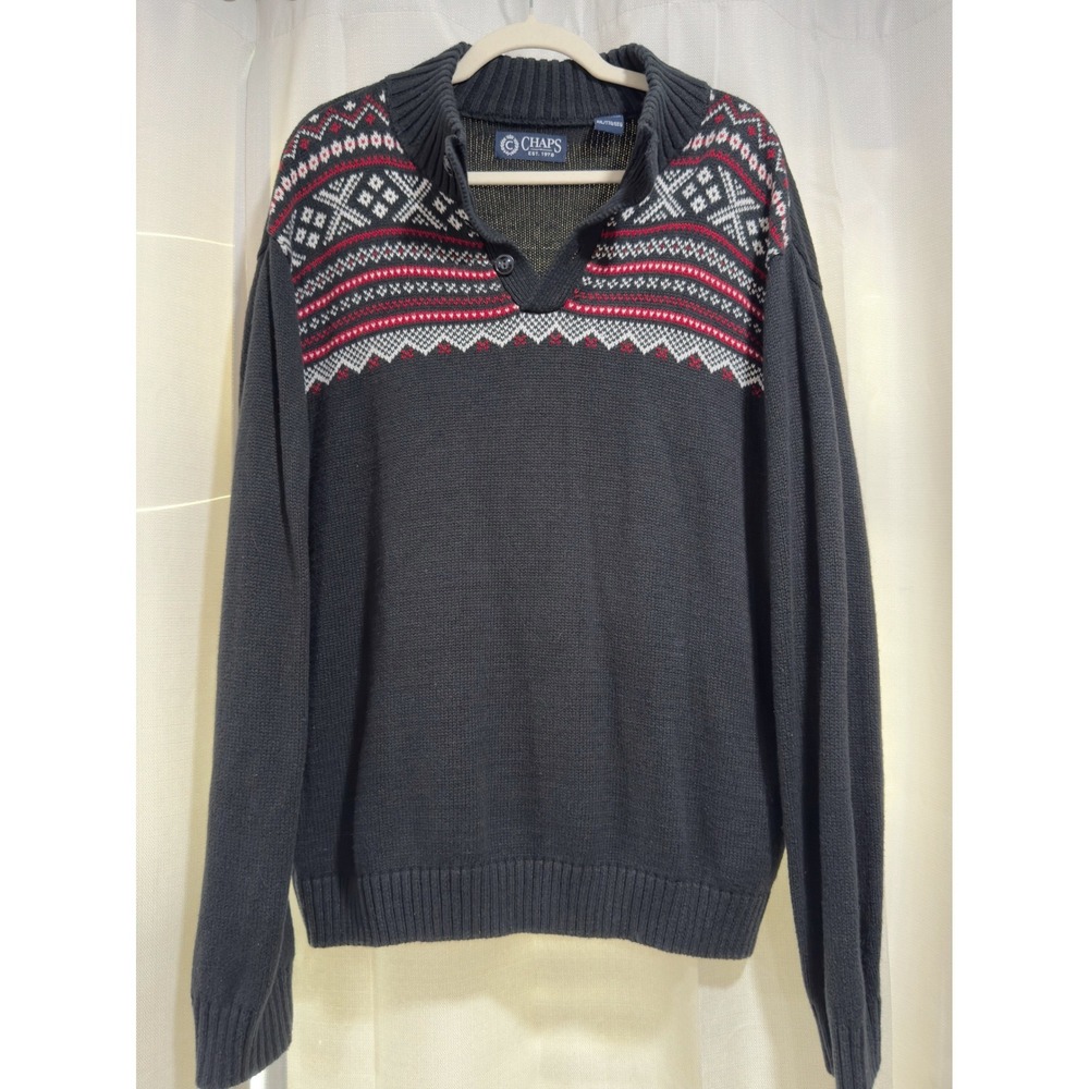 Chaps Mens XXL Navy Blue Fair Isle Ramie Cotton Mock‎ Neck Sweater Pullover